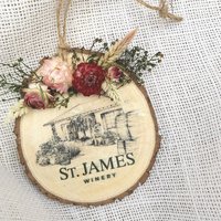 Custom House Portrait Ornament, Dried Flower Wood Slice with Company Logo