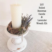 DIY Lavender Candle Gift Set: Rolled Beeswax Pillar Candle with Dried Flower Mini Wreath Craft Kit
