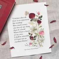 Jane Austen Quote Print, Pride and Prejudice Wall Art, Book Lover Gift, Literary Art Print, Pressed Rose Botanical Decor