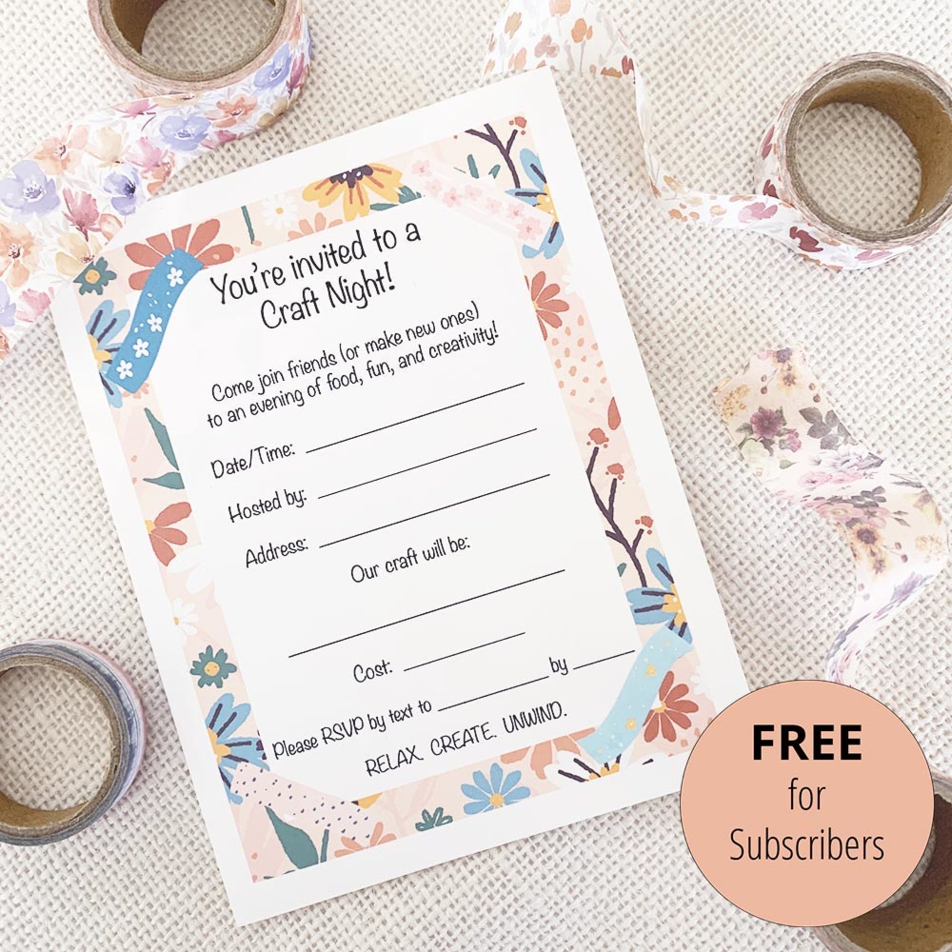 Whimsical Floral Craft Night Invitation - Digital Download