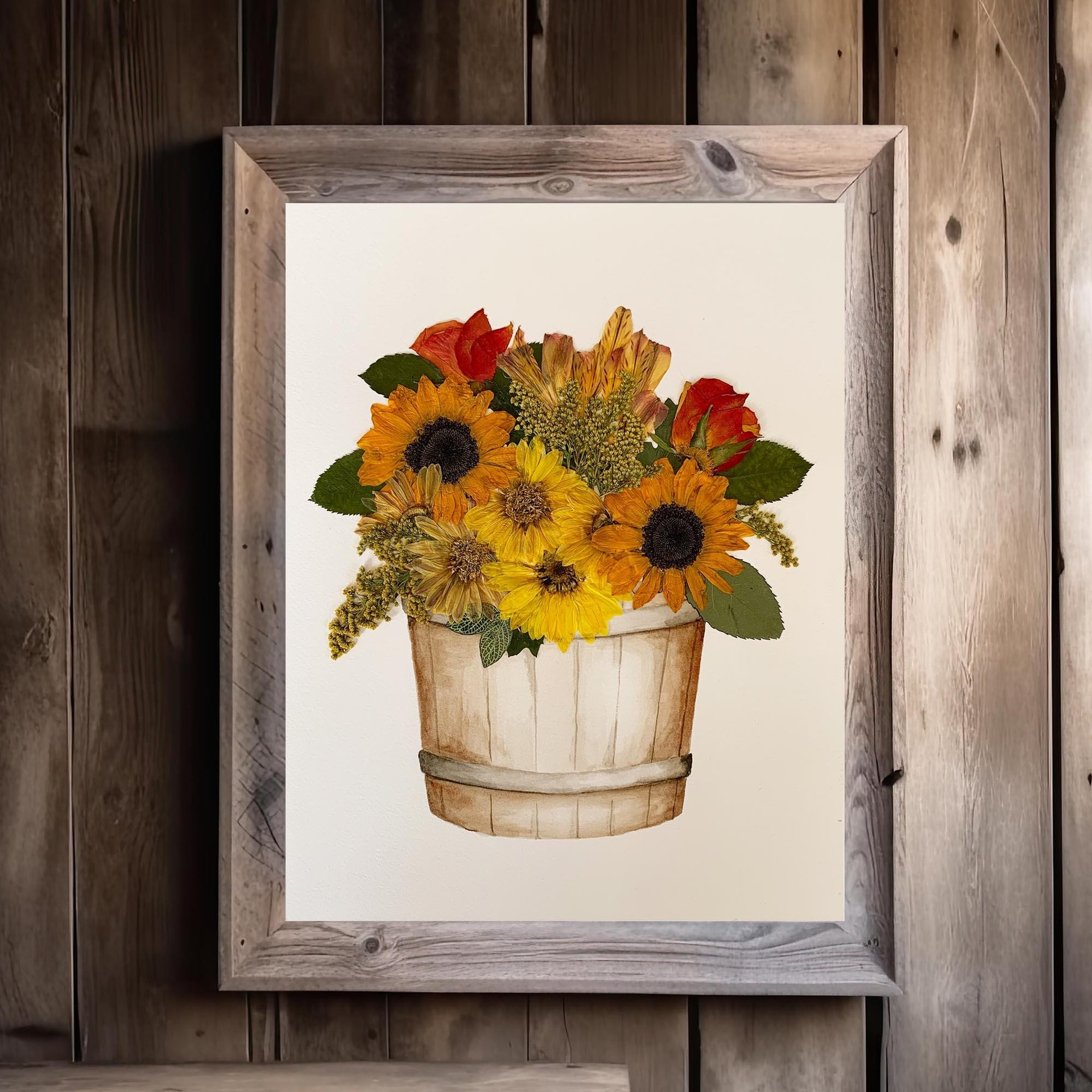 Rustic Pressed Flowers in Watercolor Bucket - Wall Art