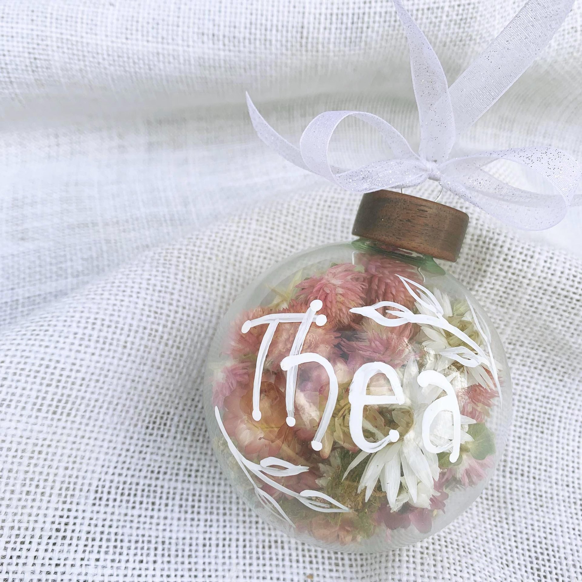 Personalized Name Ornament: Glass Ball with Custom Dried Flowers