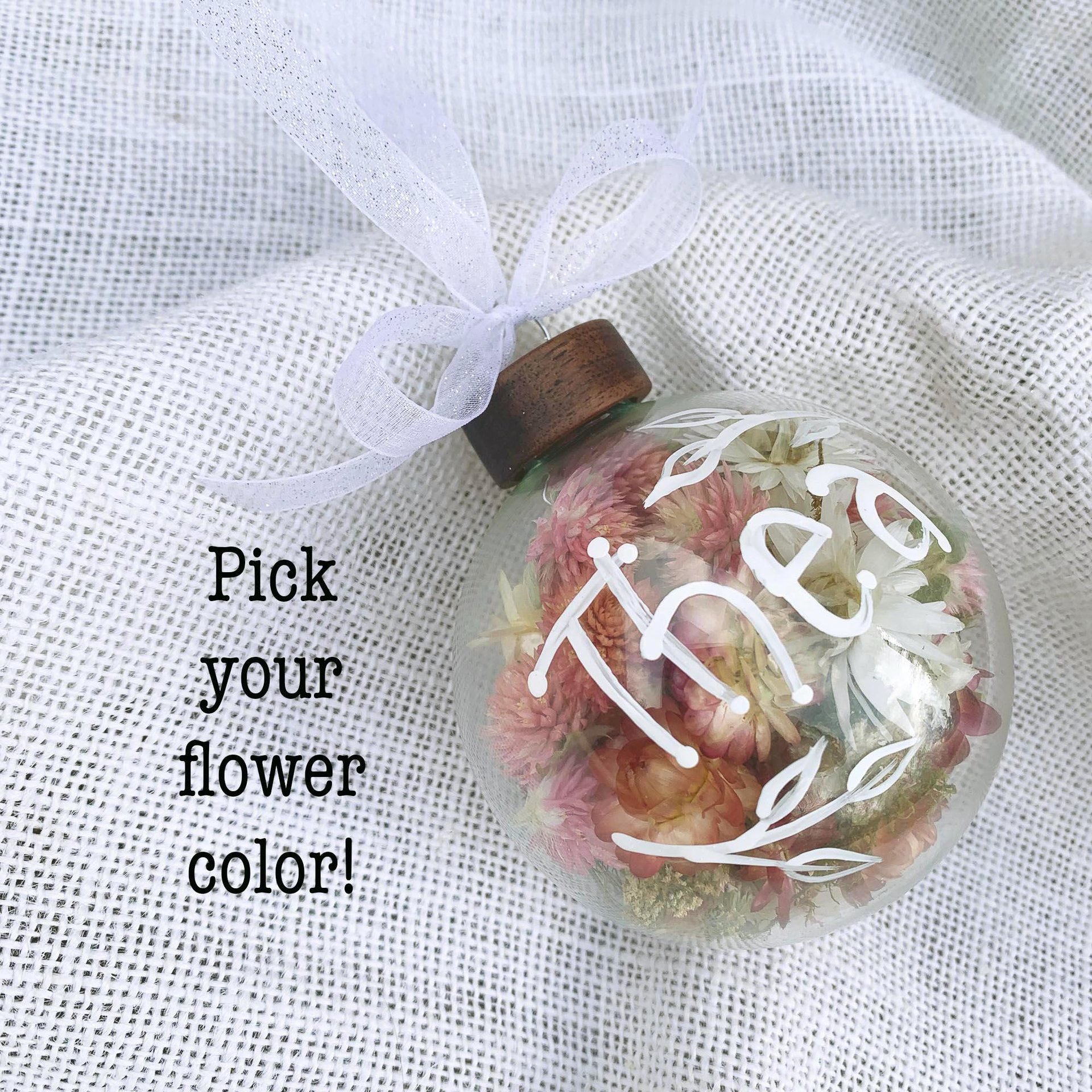 Personalized Name Ornament: Glass Ball with Custom Dried Flowers
