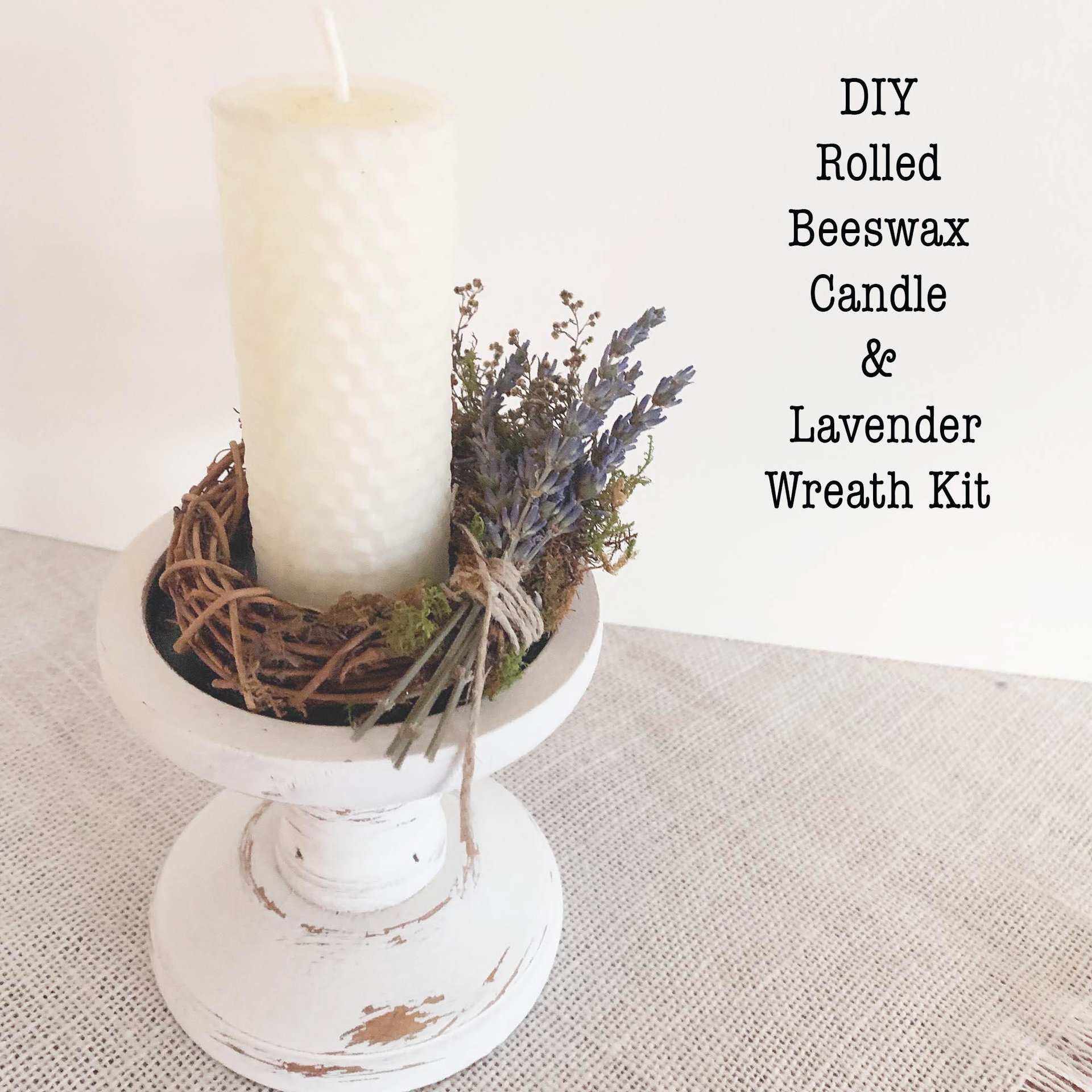 DIY Lavender Candle Gift Set: Rolled Beeswax Pillar Candle with Dried Flower Mini Wreath Craft Kit