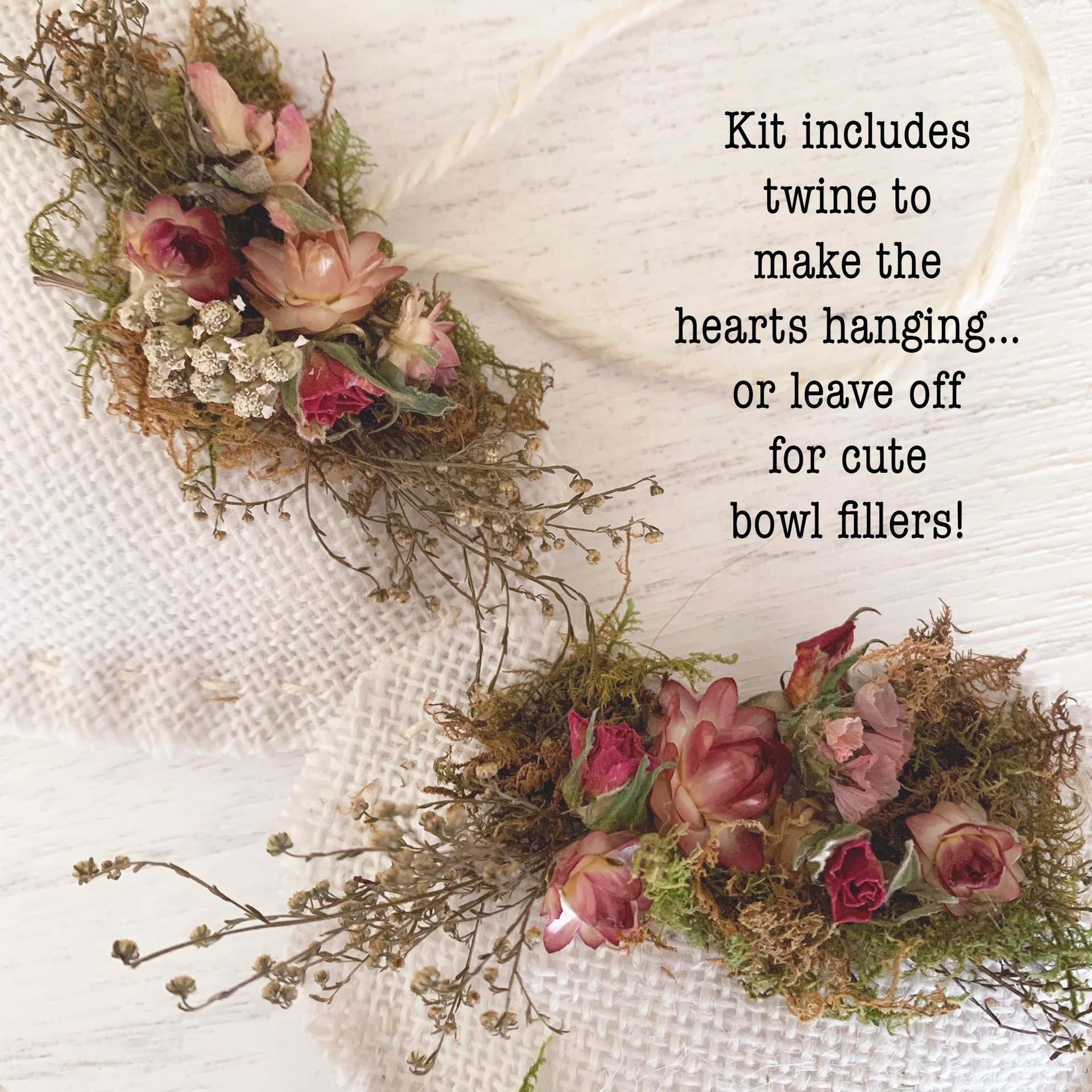 Valentines Craft Kit - DIY Rustic Heart Bowl Fillers or Ornaments with Organic Dried Flowers