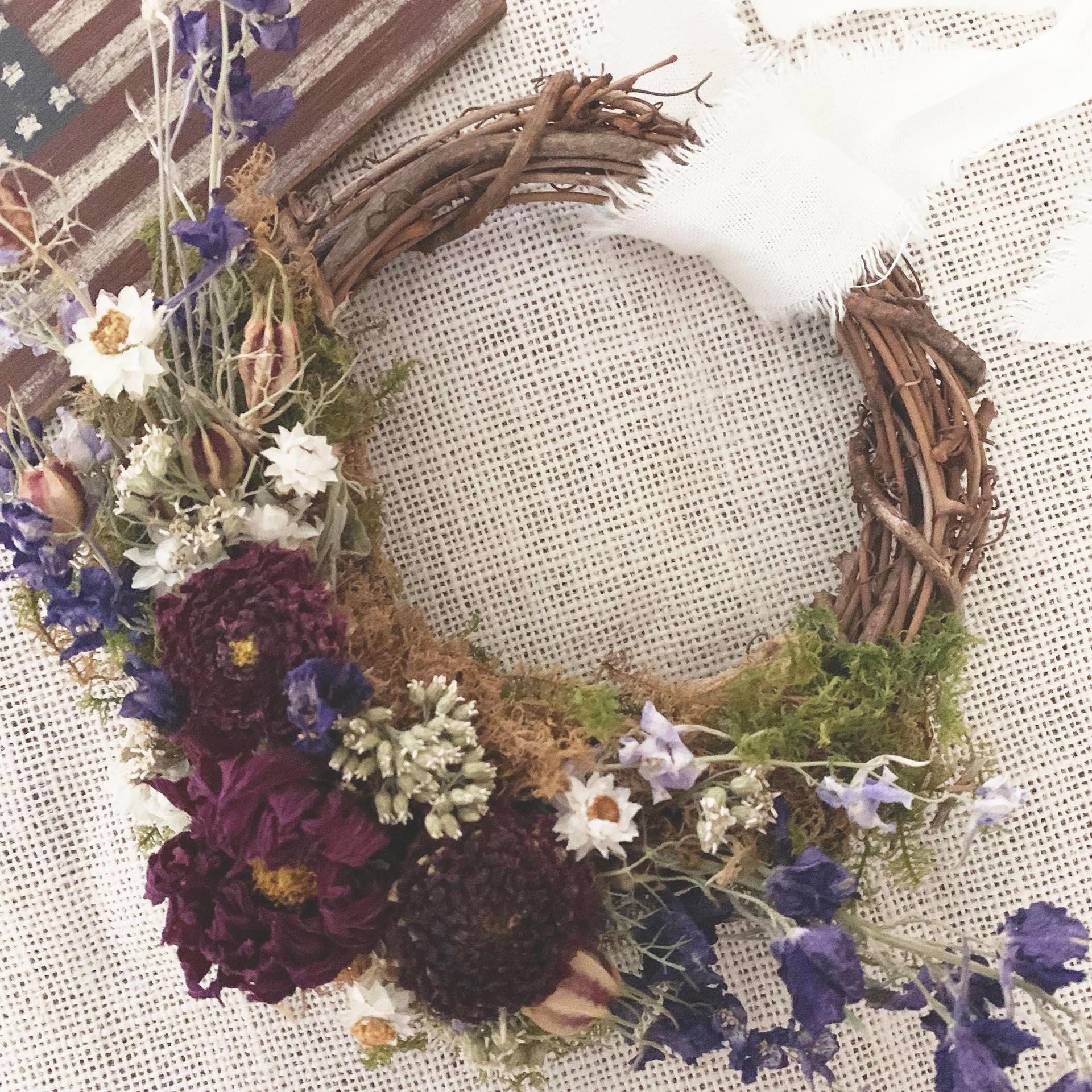 Americana Meadow Wreath Kit, DIY Dried Flower Craft, Rustic Red White & Blue Farmhouse Accent, Patriotic Decor