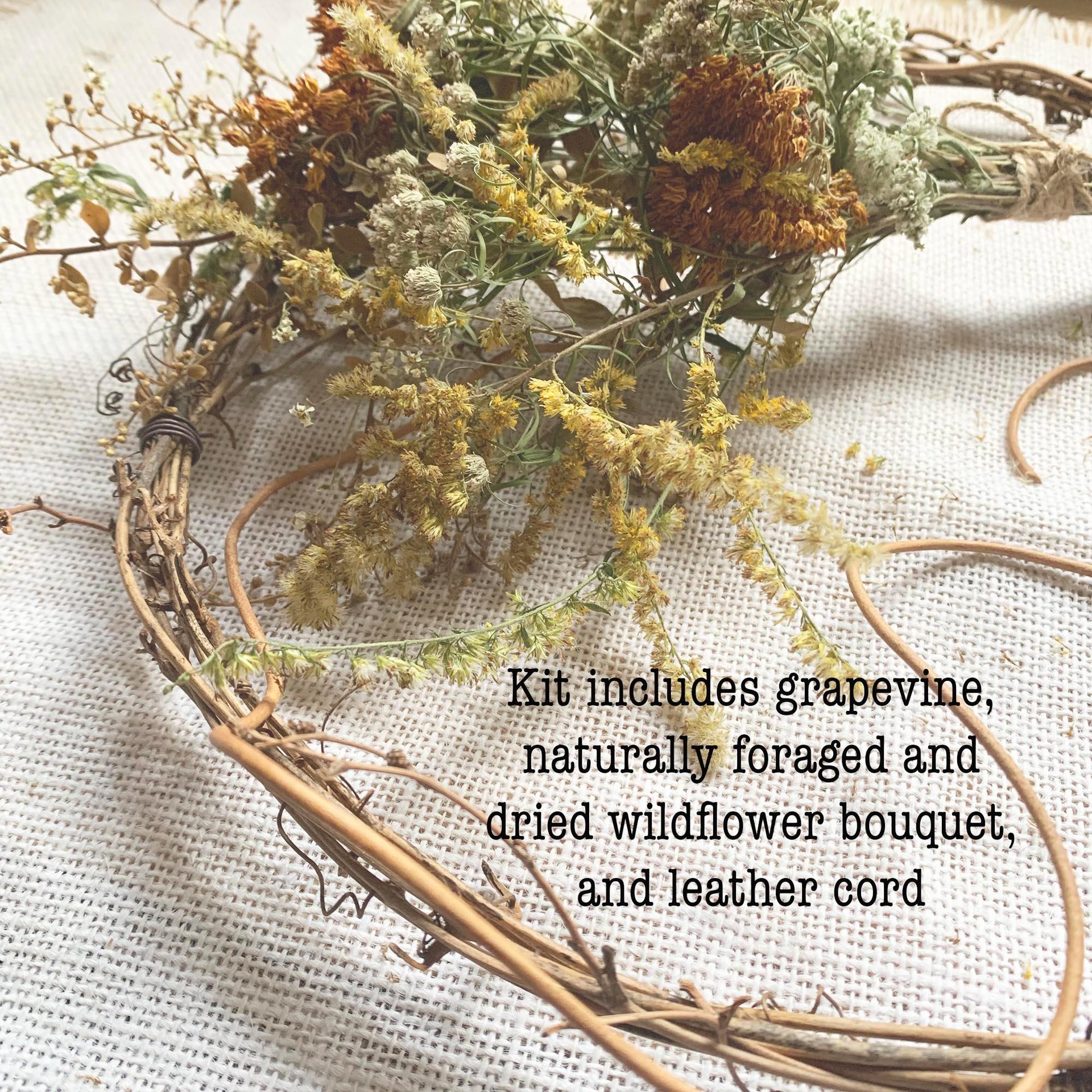 DIY Native Wildflower Wreath Kit | Asymmetrical Grapevine Wreath | Dried Flower Craft Kit | Natural Home Decor