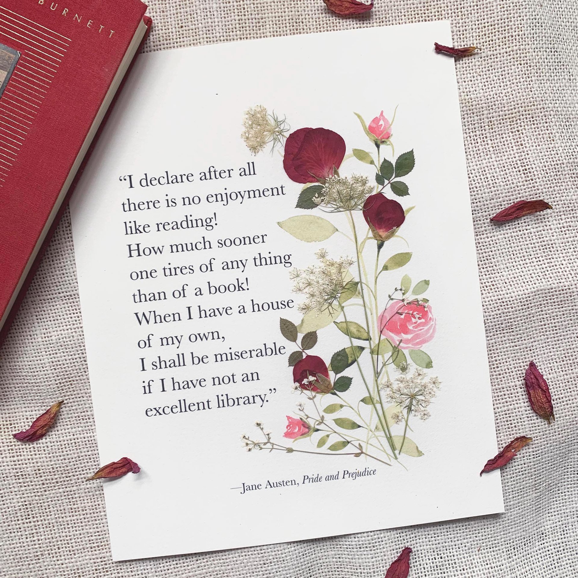 Jane Austen Quote Print, Pride and Prejudice Wall Art, Book Lover Gift, Literary Art Print, Pressed Rose Botanical Decor