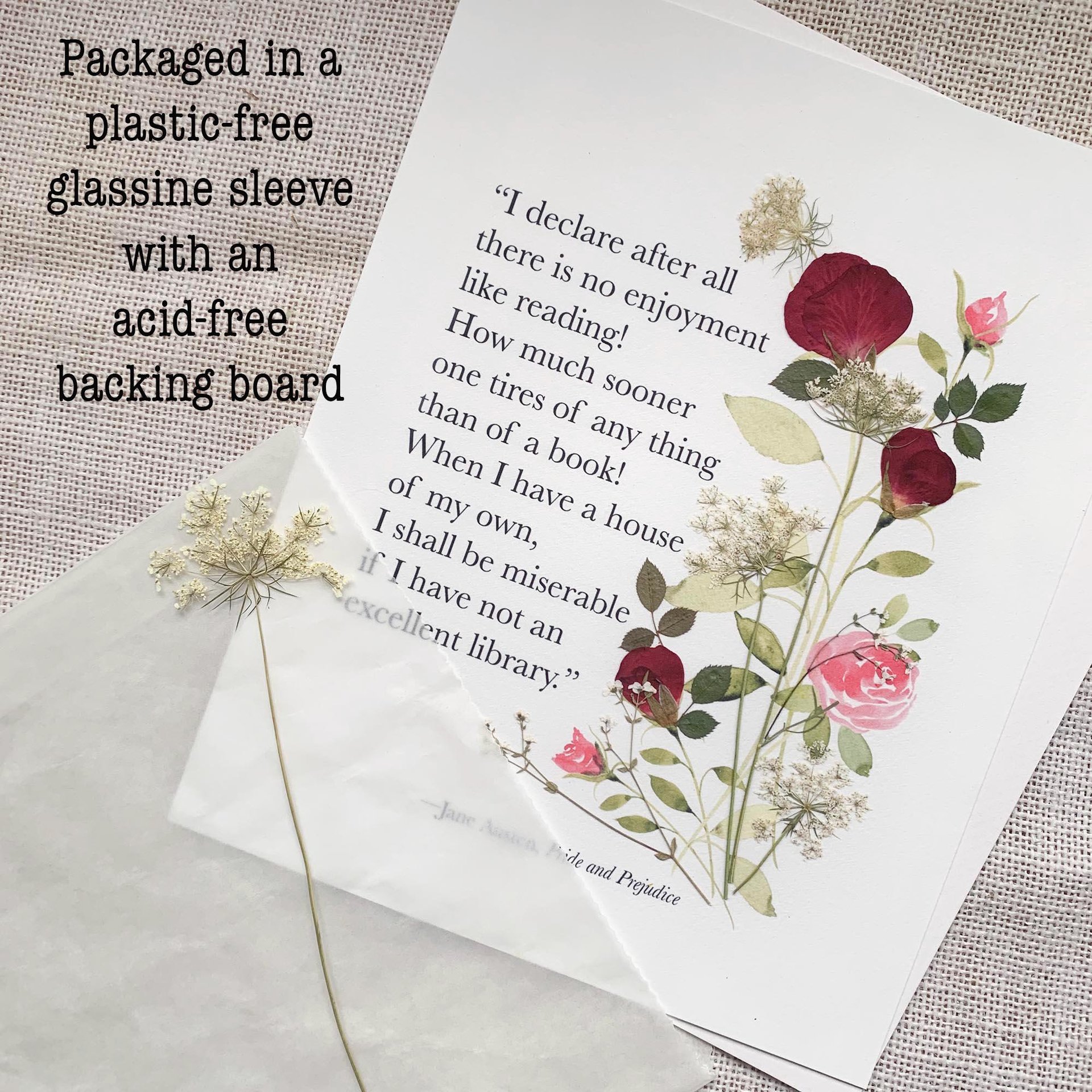Jane Austen Quote Print, Pride and Prejudice Wall Art, Book Lover Gift, Literary Art Print, Pressed Rose Botanical Decor