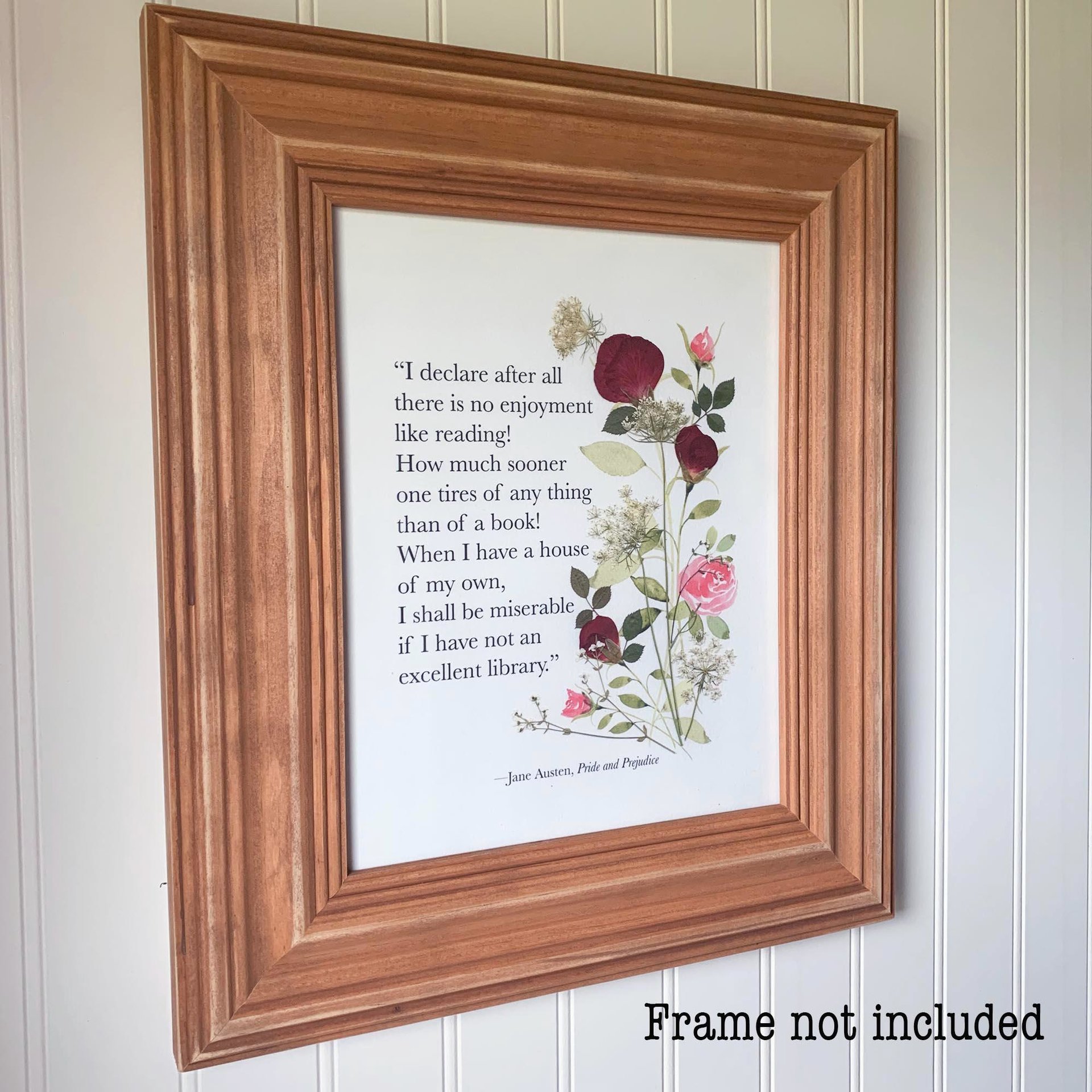 Jane Austen Quote Print, Pride and Prejudice Wall Art, Book Lover Gift, Literary Art Print, Pressed Rose Botanical Decor