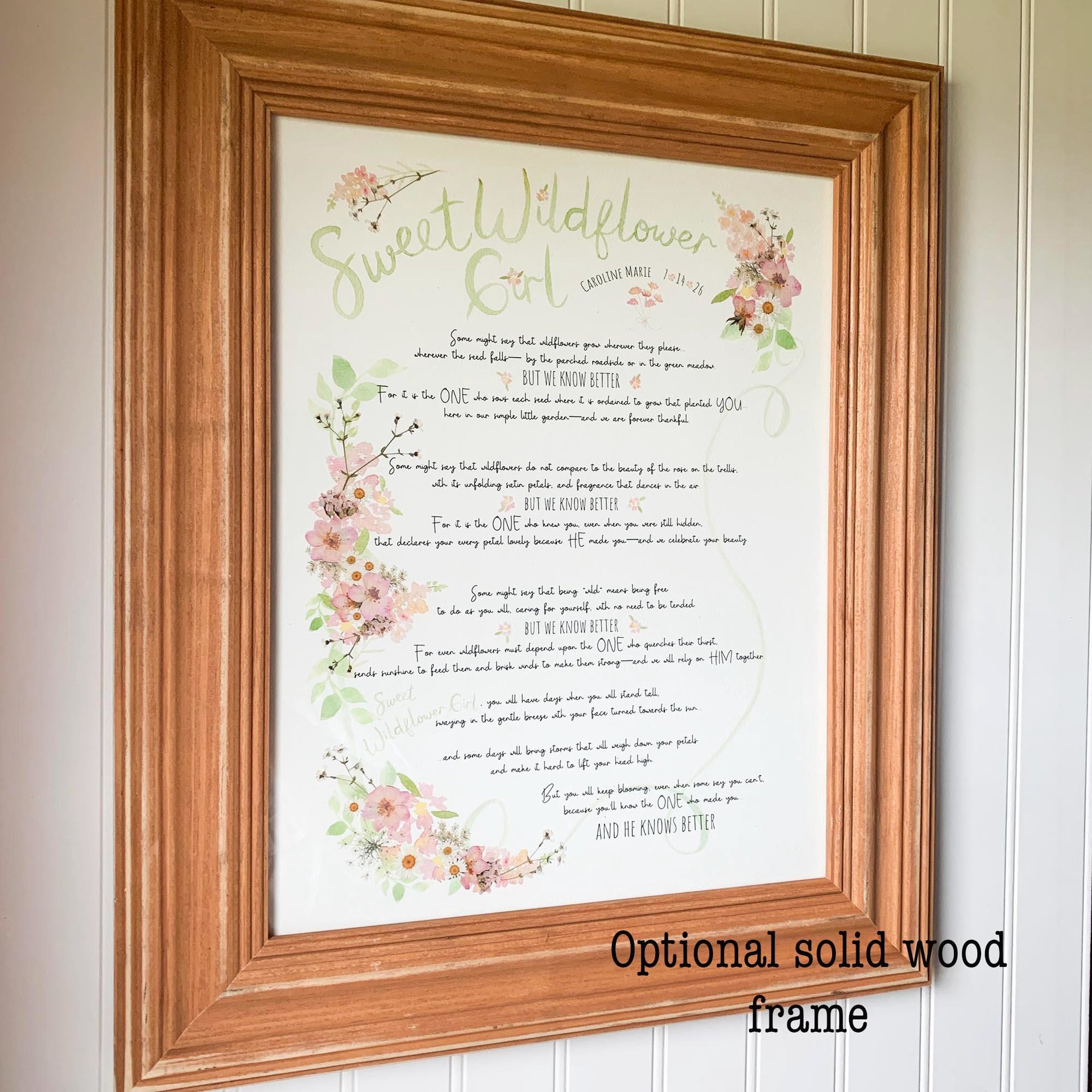 Personalized Girl Nursery Art, Sweet Wildflower Girl Poem Print, Custom Name & Birth Date, Floral Nursery Decor, 11x14 Wall Art