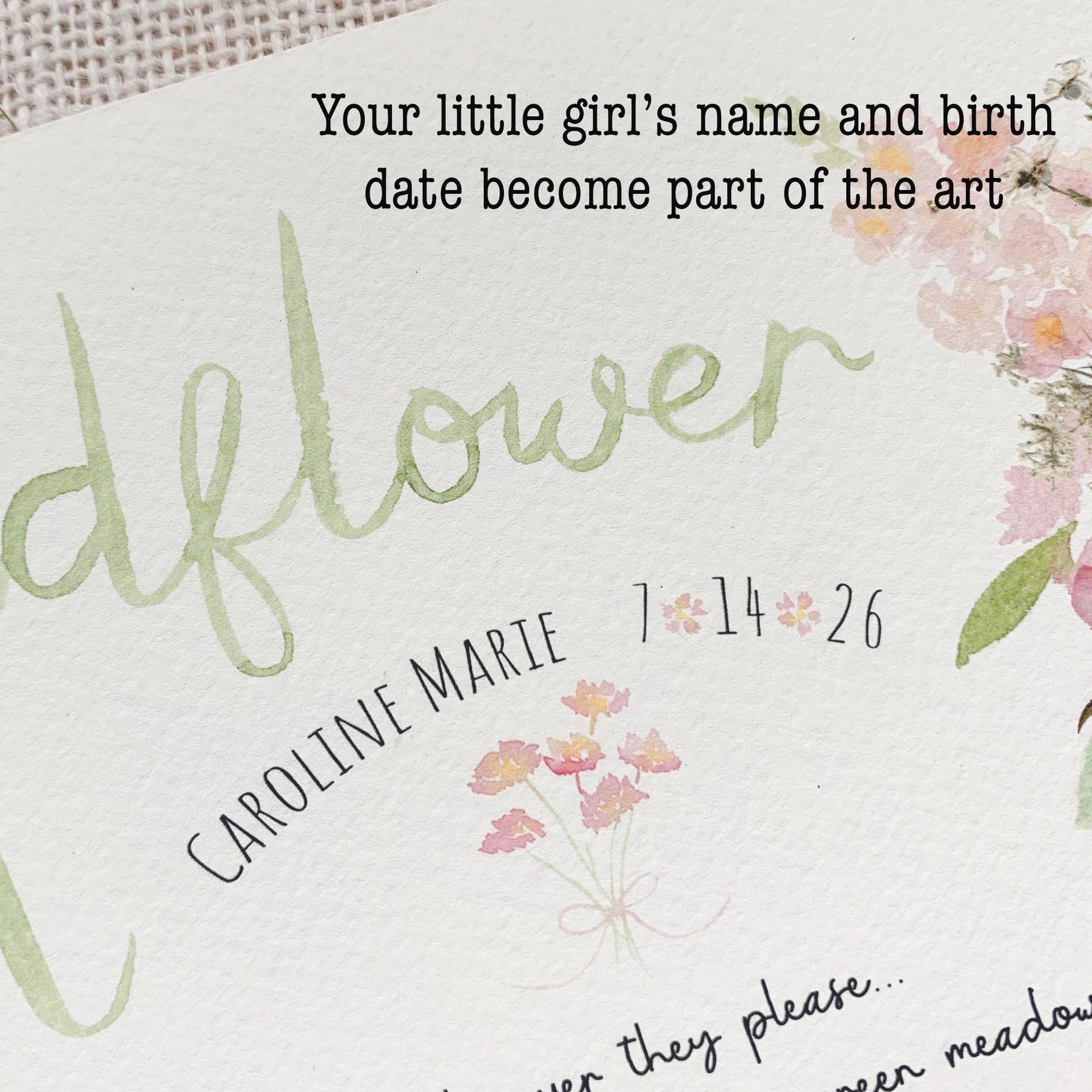 Personalized Girl Nursery Art, Sweet Wildflower Girl Poem Print, Custom Name & Birth Date, Floral Nursery Decor, 11x14 Wall Art