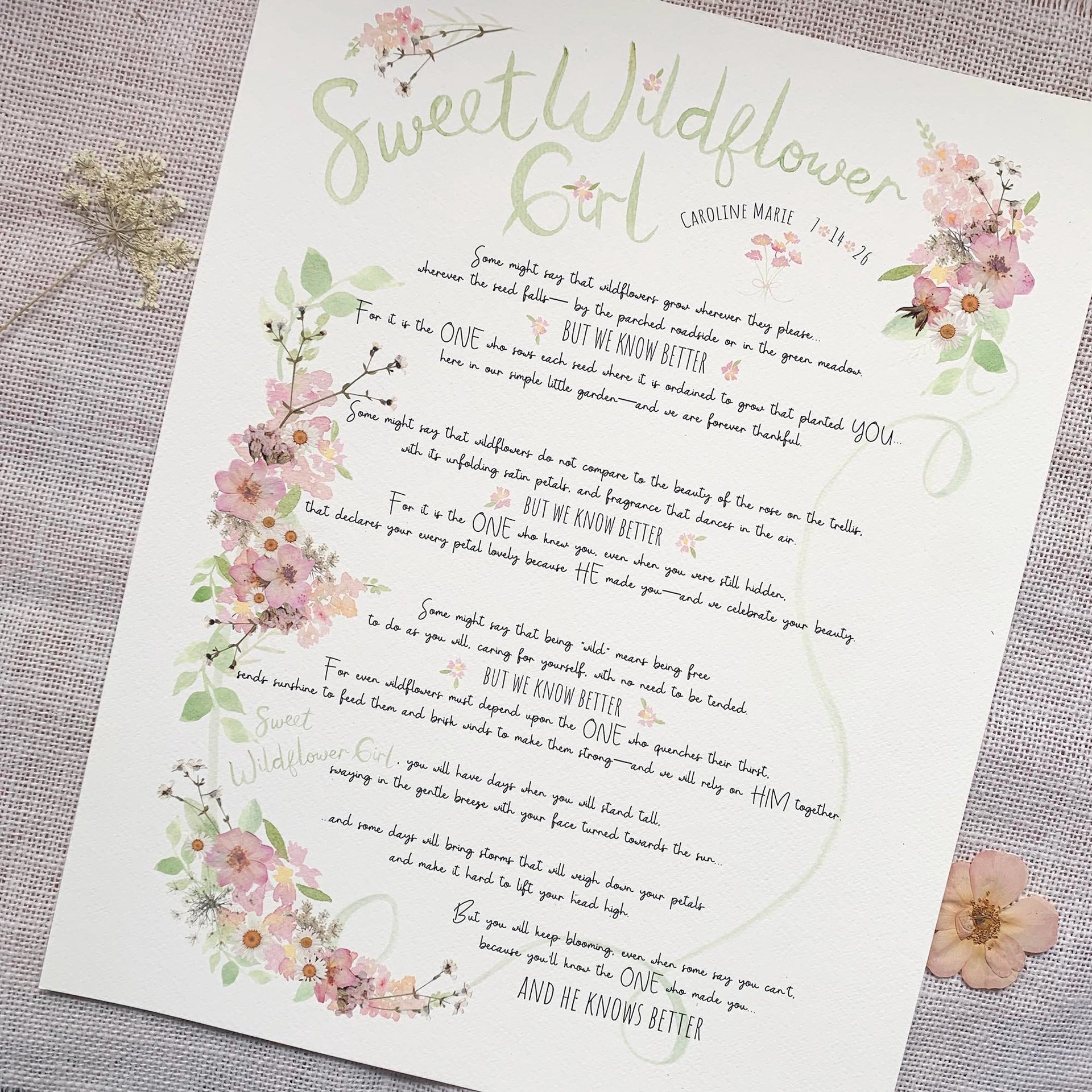 Personalized Girl Nursery Art, Sweet Wildflower Girl Poem Print, Custom Name & Birth Date, Floral Nursery Decor, 11x14 Wall Art