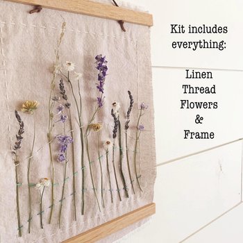 Slow Stitch Embroidery Kit with Dried Flowers, Linen and Sashiko Thread, Botanical Wall Hanging Craft Kit for Adults