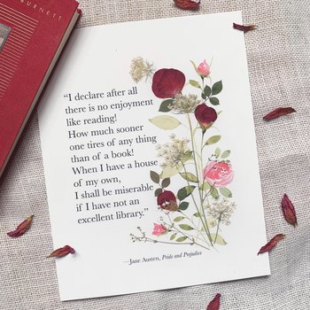 Jane Austen Quote Print, Pride and Prejudice Wall Art, Book Lover Gift, Literary Art Print, Pressed Rose Botanical Decor